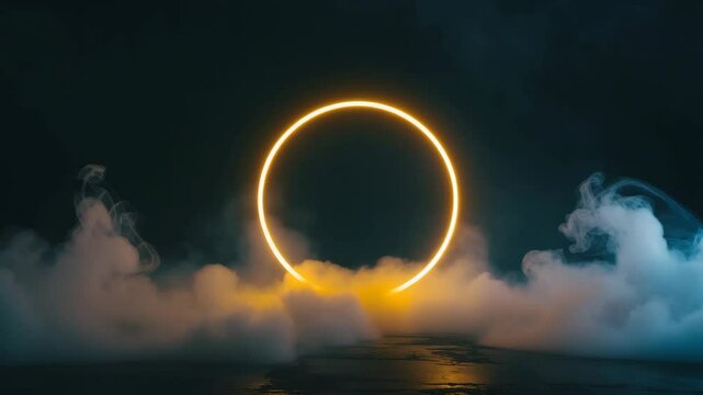 Futuristic neon geometric circle and mystical portal in a sci-fi environment