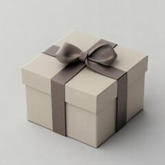 An elegant beige gift box tied with a brown satin ribbon and bow on a neutral background.
