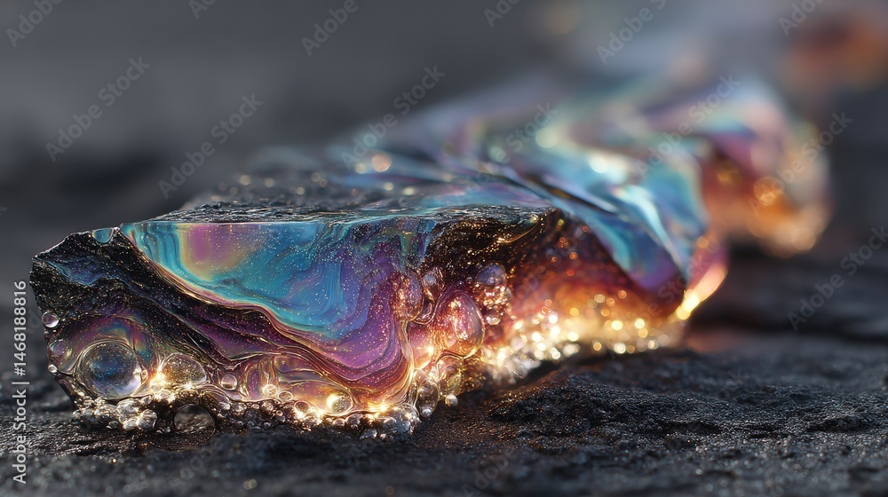 Poster shiny metallic object with colorful reflections and textures on a dark background.