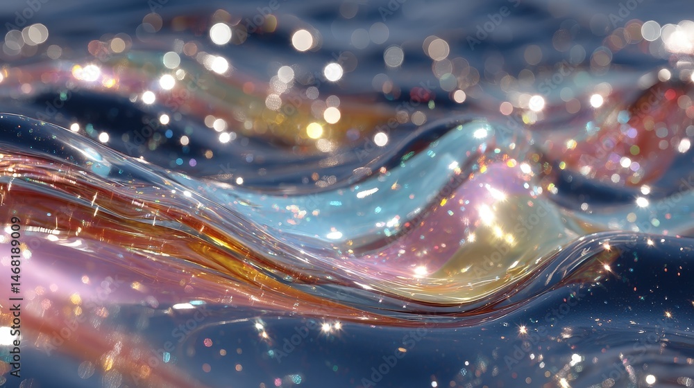Poster shimmering waves with colorful reflections and sparkling highlights on water surface.