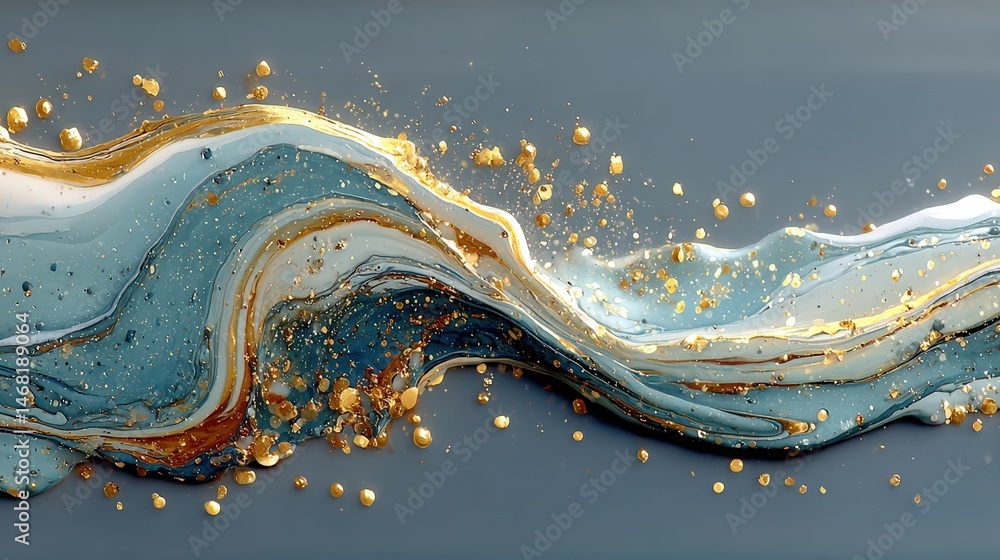 Poster abstract wave design with metallic accents and bubbles on a muted background.