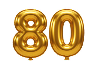 Gold balloons forming number 80, shiny metallic isolated design element, perfect for 80th birthday celebrations, anniversaries, and party invitations