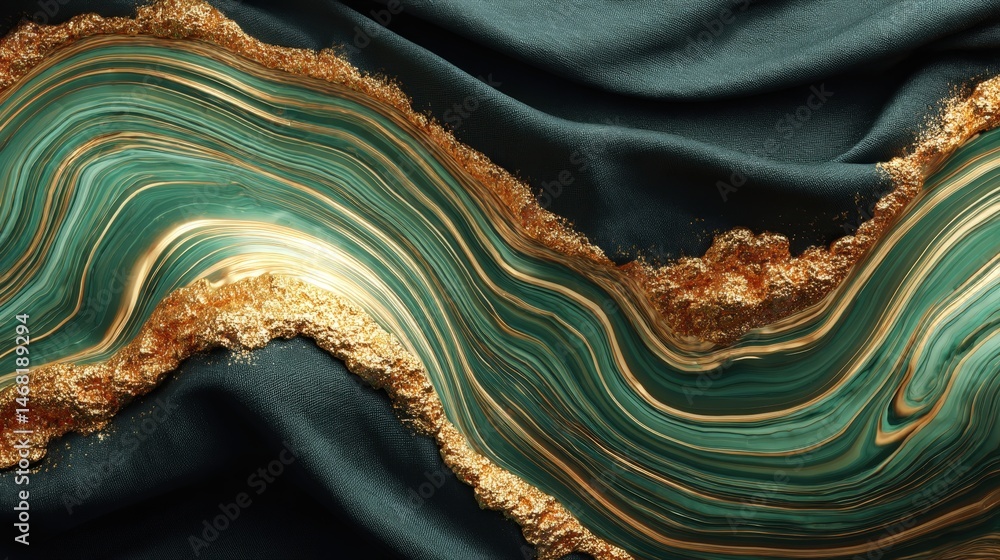 Poster abstract wavy patterns in green and gold on a dark fabric background.