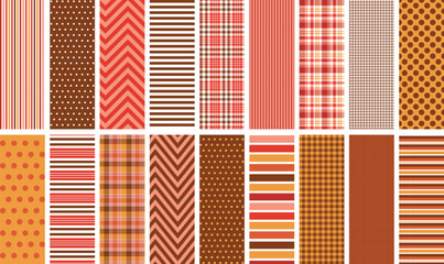 Autumn seamless pattern set. 18 repeating patterns for fabric, backgrounds, apparel, paper, scrapbooking and more. Fall colors. Geometric, stripe, plaid, chevron, gingham and polka dot prints.