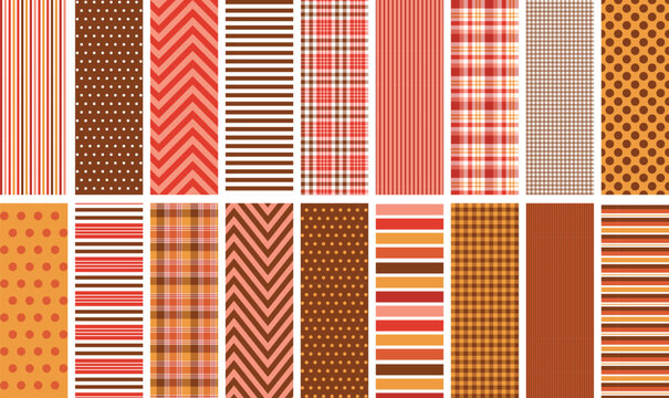 Autumn seamless pattern set. 18 repeating patterns for fabric, backgrounds, apparel, paper, scrapbooking and more. Fall colors. Geometric, stripe, plaid, chevron, gingham and polka dot prints.
