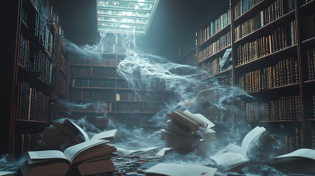 A dusty, abandoned library with cobwebs and scattered books. whispering book archives. illustration. [Whispering Archives] | Forgotten Footnotes | cryptic margin. Illustration