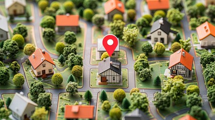 Real estate marketing, property visualization, neighborhood exploration. Miniature model of a suburban neighborhood with a focus on a house marked by a location pin