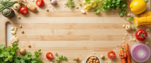 A Whimsical Culinary Scene Fresh Ingredients on a Light Wood Cutting Board