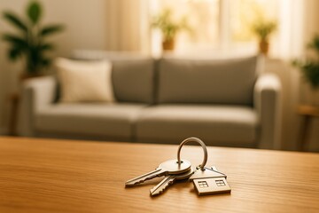 Real estate marketing, home buying journey, emotional start of a new chapter. Themes: purchasing a first home. New beginnings with keys resting on a wooden table in a cozy living room during daylight