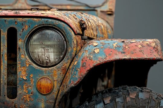 Close-up of a heavily rusted, weathered, and vintage blue and red off-road vehicle's front end, including a headlight.