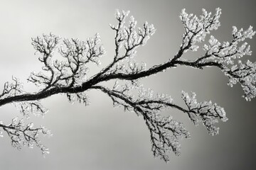 Obraz premium A close-up of a dark branch covered in delicate, shimmering frost against a soft, grayscale background.