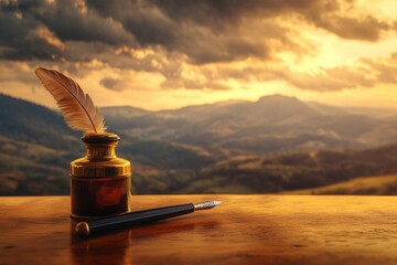 A quill pen resting in an inkwell, next to a fountain pen on a wooden desk overlooking golden mountains.
