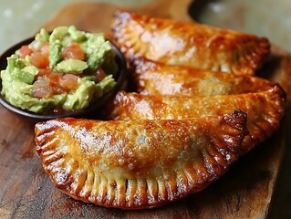Savory beef empanadas a golden flaky crust served with a side of creamy guacamole and salsa plated on a rustic wooden board