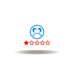 Vector illustration of sad smile and one star out of five. Symbol of complaints. Icon of bad rating review.
