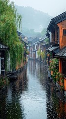 Obraz premium Rainy Day in Historic Water Town with Traditional Architecture and Canal