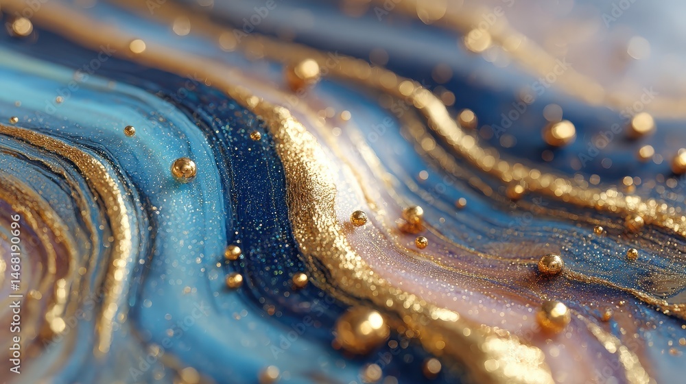 Poster abstract blue and gold swirling textures with sparkling elements create a mesmerizing visual effect.