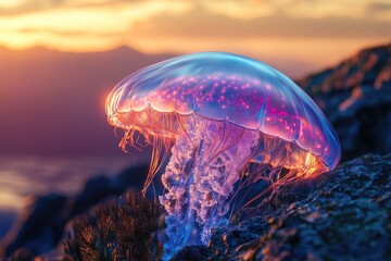 A vibrant, glowing jellyfish pulsates with neon light against a stunning sunset backdrop, perched on a rocky outcrop.