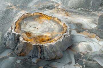 Naklejka premium A petrified tree stump with golden hues sits atop a gray and white marble surface, showcasing nature's artistry.