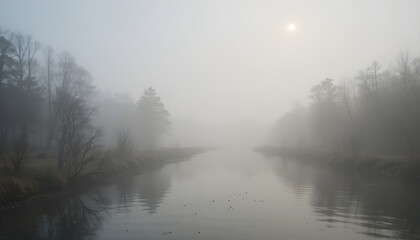 Fototapeta premium Serene Foggy River Landscape with Trees on a Misty Morning