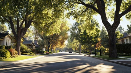 Obraz premium Sunny residential street lined with trees. Possible use Stock photo