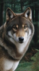 Fototapeta premium Wolf Portrait in Forest, Animal Staring into the Distance, Wildlife Scene