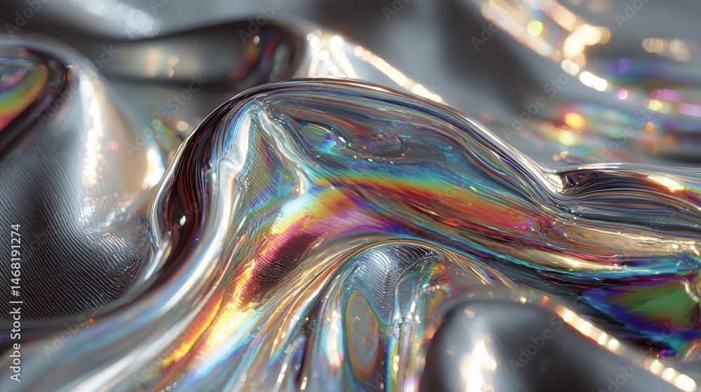 Poster shimmering metallic waves with iridescent colors and smooth textures.