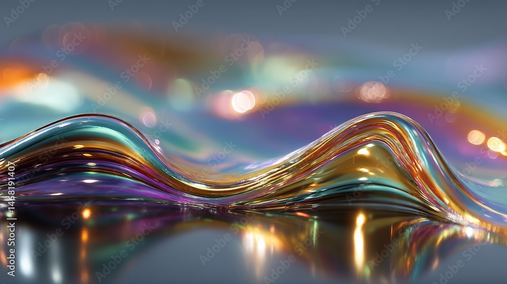 Poster abstract wave patterns with vibrant colors and reflections, creating a dynamic visual effect.