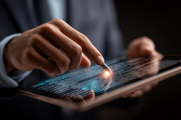 Legal advisor utilizing AI contract analysis system displaying holographic clauses, risk scores, and compliance checks in a digital law firm.