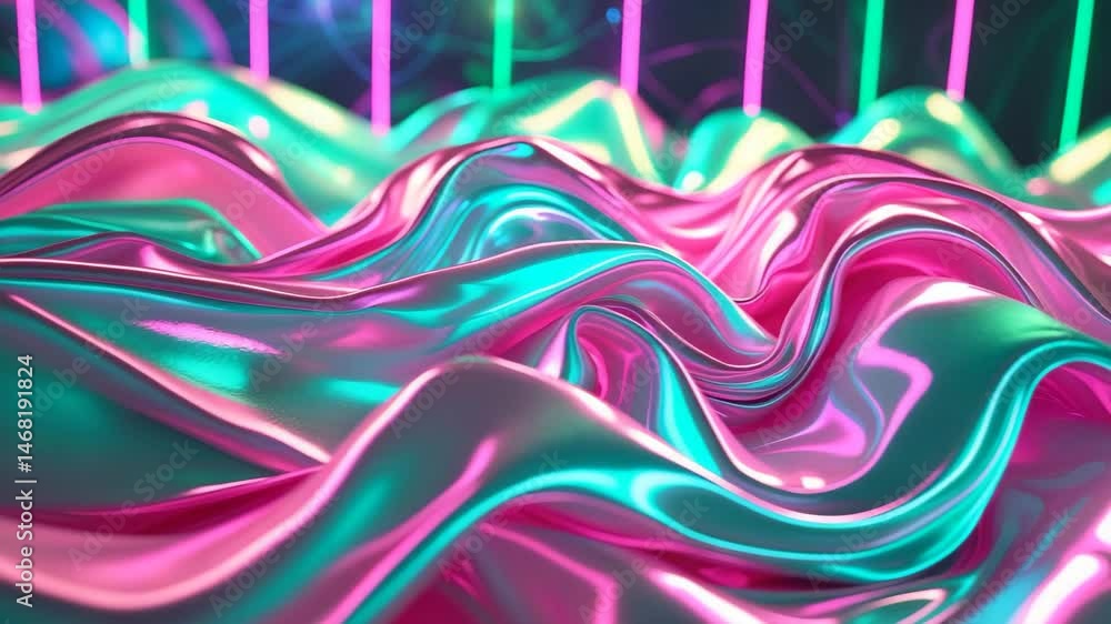 Poster abstract background of retro futurism with pink and teal dynamic sheets and neon led lighting.