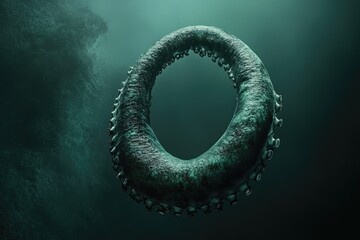 A teal-toned, textured ring with sucker-like protrusions floats eerily in the depths of murky, underwater environment with turbulent water.