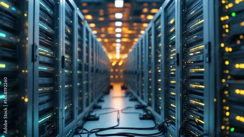Poster in the main computer center, many servers and routers are installed on racks inside the server room 