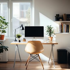 Home Office Workspace with Modern Interior and Stylish Chair: The Perfect Minimalist Design for Productivity and Telecommuting with Desk Computer and Indoor Plants in Neutral Colors