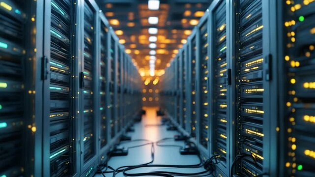 In the main computer center, many servers and routers are installed on racks inside the server room for network management and security.