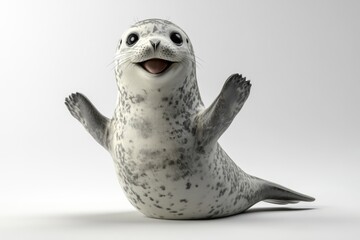 Naklejka premium Cute gray and white spotted seal with paws up, smiling on a plain white background. It's very photorealistic.