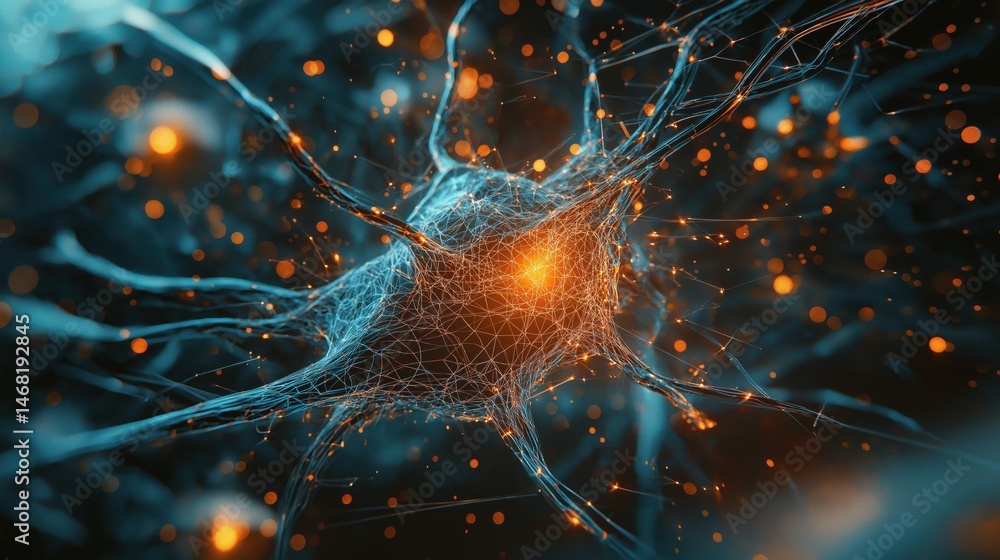 Poster digital rendition of a neuron cell with glowing connections and particles floating