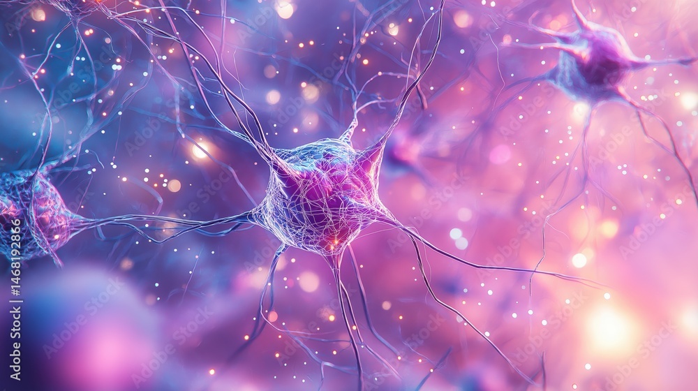 Poster abstract neurons connecting in a network, displaying complex brain activity and communication