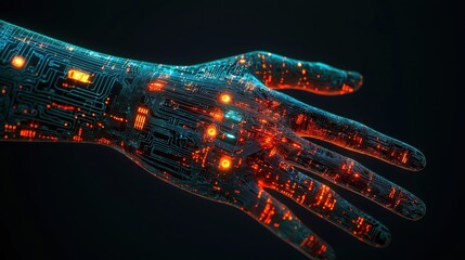 Cybernetic Hand with Glowing Circuitry Representing Artificial Intelligence and Connectivity