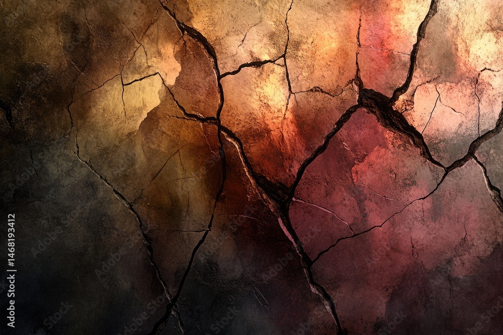 Poster an abstract image of cracked earth with warm lighting highlighting textured patterns and deep crevic