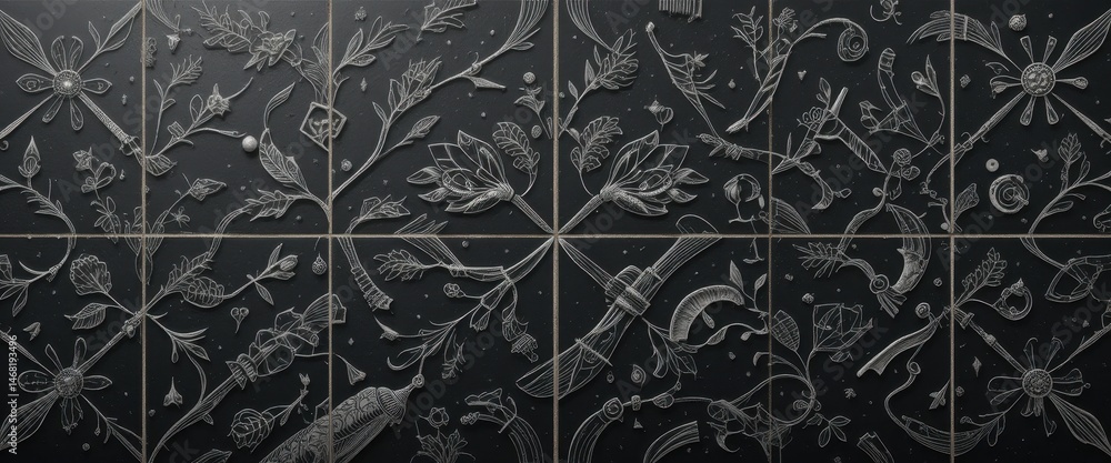 Poster hand-drawn dark tile pattern intricate botanical and abstract design elements