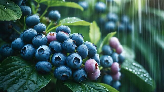 Ripe berries on the bush. Close-up of fruits in the backyard. Cluster of berries. Garden fruit harvest.