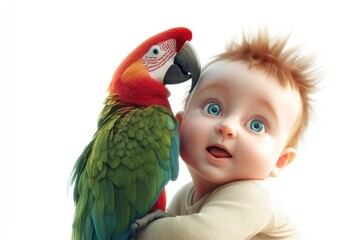 Fototapeta premium Adorable baby with bright blue eyes is holding a vibrant scarlet macaw parrot in a heartwarming embrace.