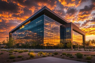 Obraz premium Modern office building at sunset. Reflective glass facade captures the fiery sky. Exterior architectural details are visible. Landscape elements surround the building