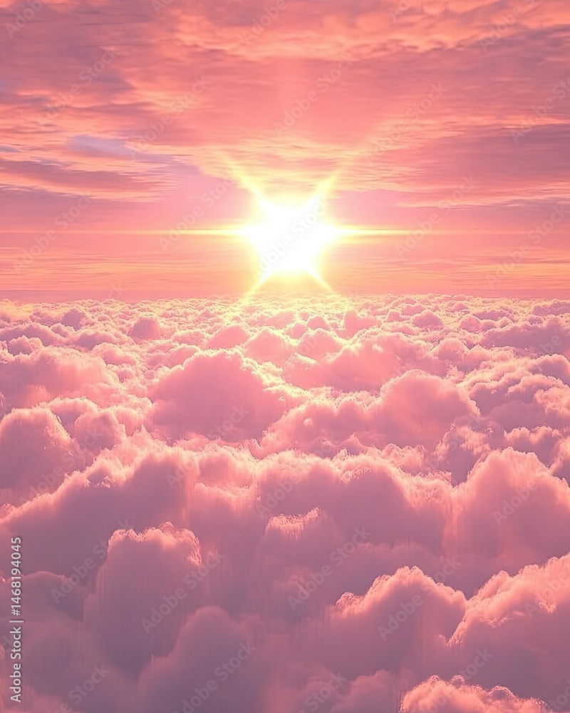 Poster dramatic view of fluffy pink clouds illuminated by bright sunlight creating an ethereal atmosphere w