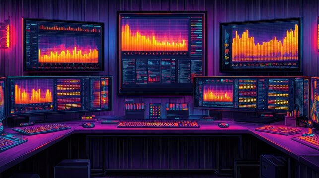 Futuristic control center showcasing digital wave visualizations for data analysis and technology insights in advanced monitoring system