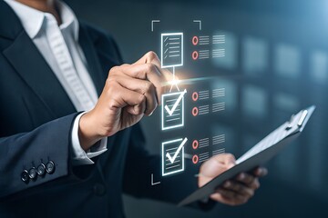 Checklist business performance monitoring concept, Business using tablet online survey filling out check digital form task, online survey question form, target marketing planning with quality control