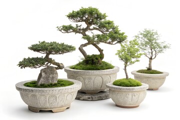 Four Bonsai Trees In Decorative Pots Showcase Asian Horticulture And Tranquil Art