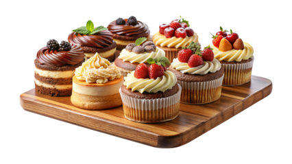 Delicious assortment of gourmet cupcakes and desserts on a rustic wooden board