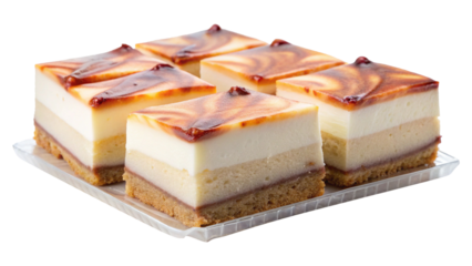 Delicious creamy layered caramel swirl desserts on a clear plastic platter tray