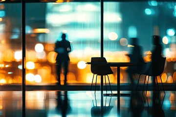 Nighttime office break. Blurred silhouettes of people at a table near a window overlooking a city at night