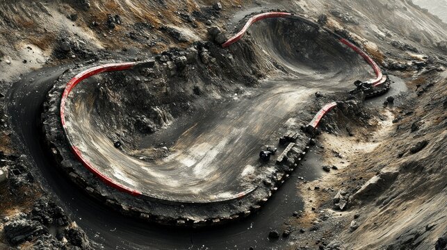 Aerial view of a rugged, winding race track carved into volcanic terrain.  A red barrier line defines the track's edge - Powered by Adobe